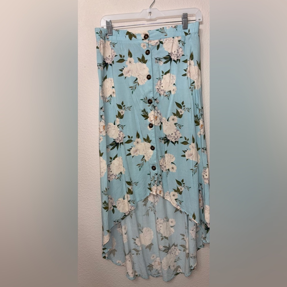 Xhilaration Blue Floral Button Front Midi Skirt High Low Boho Spring Skirt M